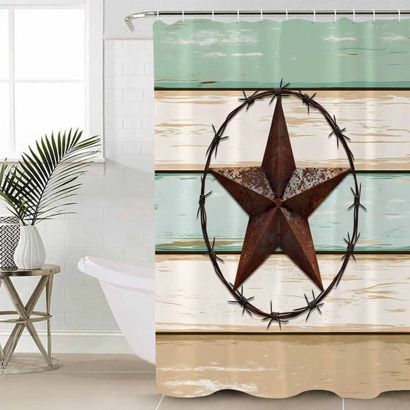 Beige Sage Green Texas Star Small Stall Shower Curtain, Waterproof Shower Curtains for Bathroom, Vintage Stars Wooden Washable Fabric Cloth Bath Curtain for Bathtub Decoration with Hooks 36x72 Inches