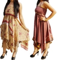 Mogul Lot Of 2 Womens Beach Dress Recycled Vintage Sari Handkerchief Hem Boho Halter Summer Style Sundress XS