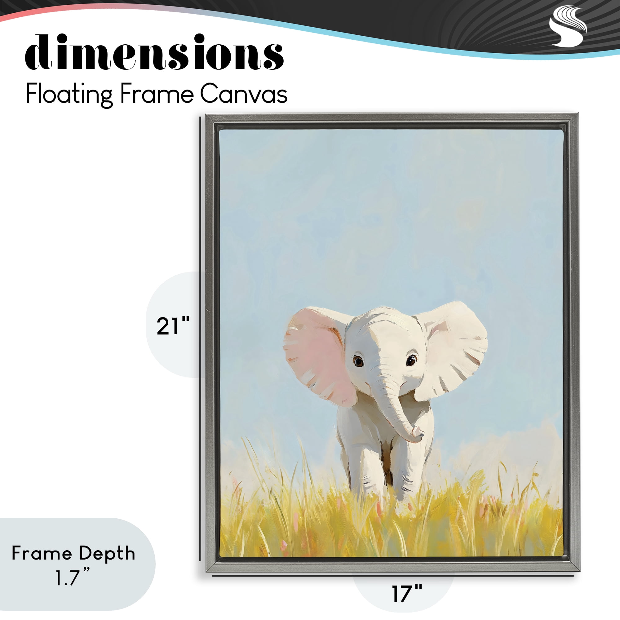 Stupell Industries White Baby Elephant in Grass Gray Framed Floater Canvas Wall Art, design by The Prints Vibe