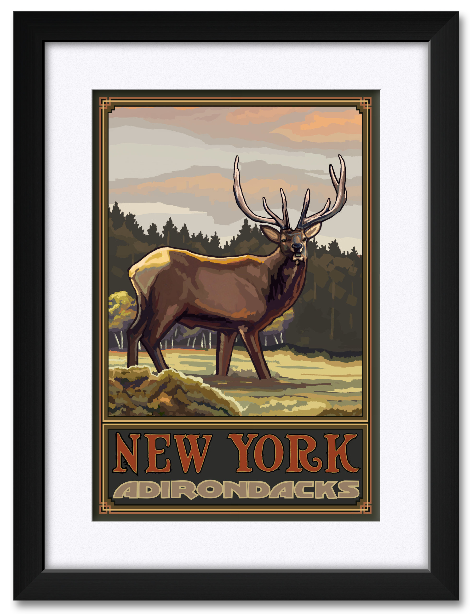 New York Adirondacks Elk Framed & Matted Art Print by Paul A. Lanquist
