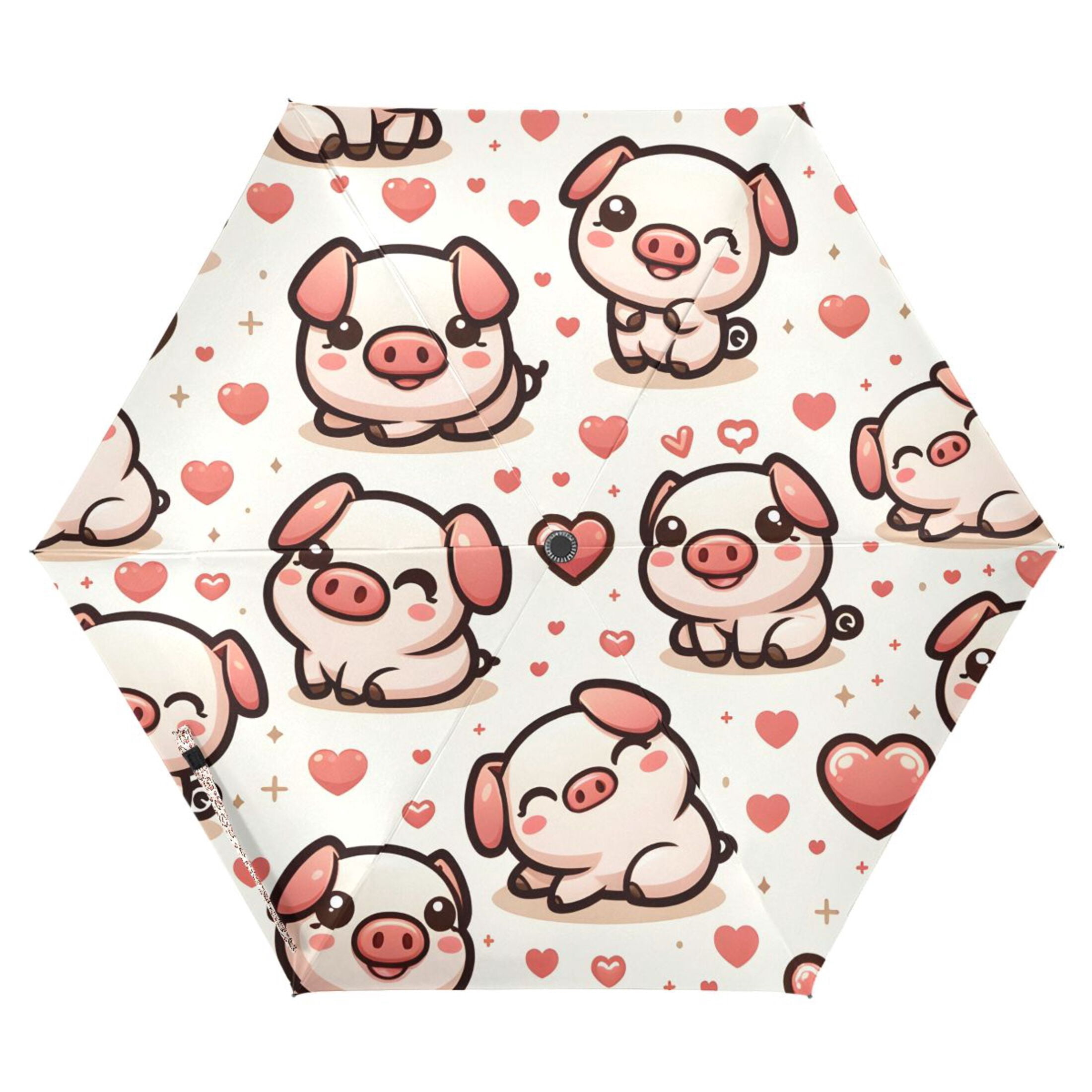 Cute Pig with Hearts Compact Sun Umbrella Windproof Travel Umbrellas for Rain Strong Portable UV Protection