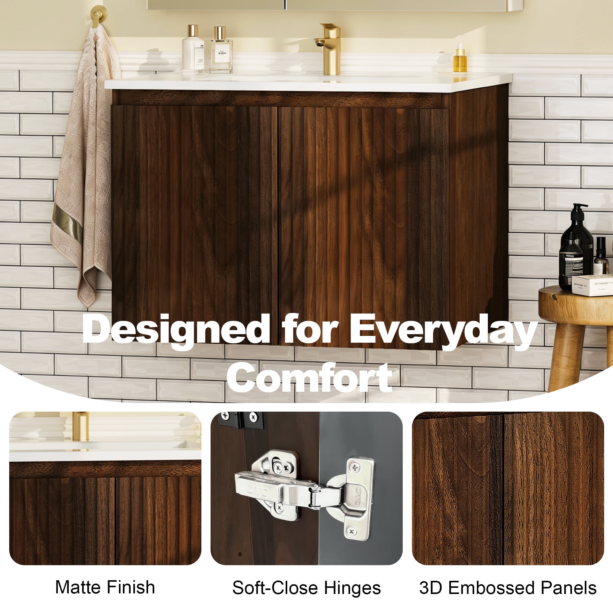 SUNRINX 30 in. Walnut Bathroom Vanity with Sink, Foldable Wall Cabinet, Space-Saving Modern Bathroom Vanity, Quick Install Bathroom Vanities for Small Bathrooms