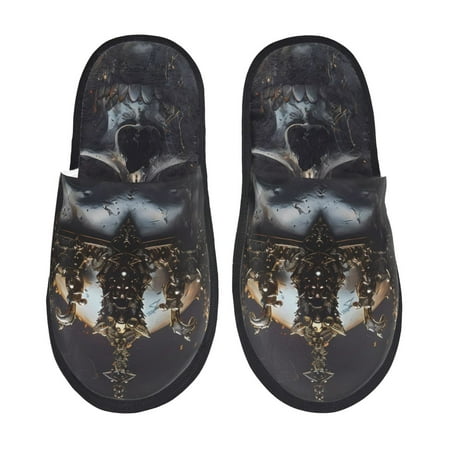 Balery Royal Skull With Golden Crown Slient Indoor Furry Fleece Comfort House Shoes Soft Non-Slip Home Shoes Cotton slippers House Slippers-- Medium