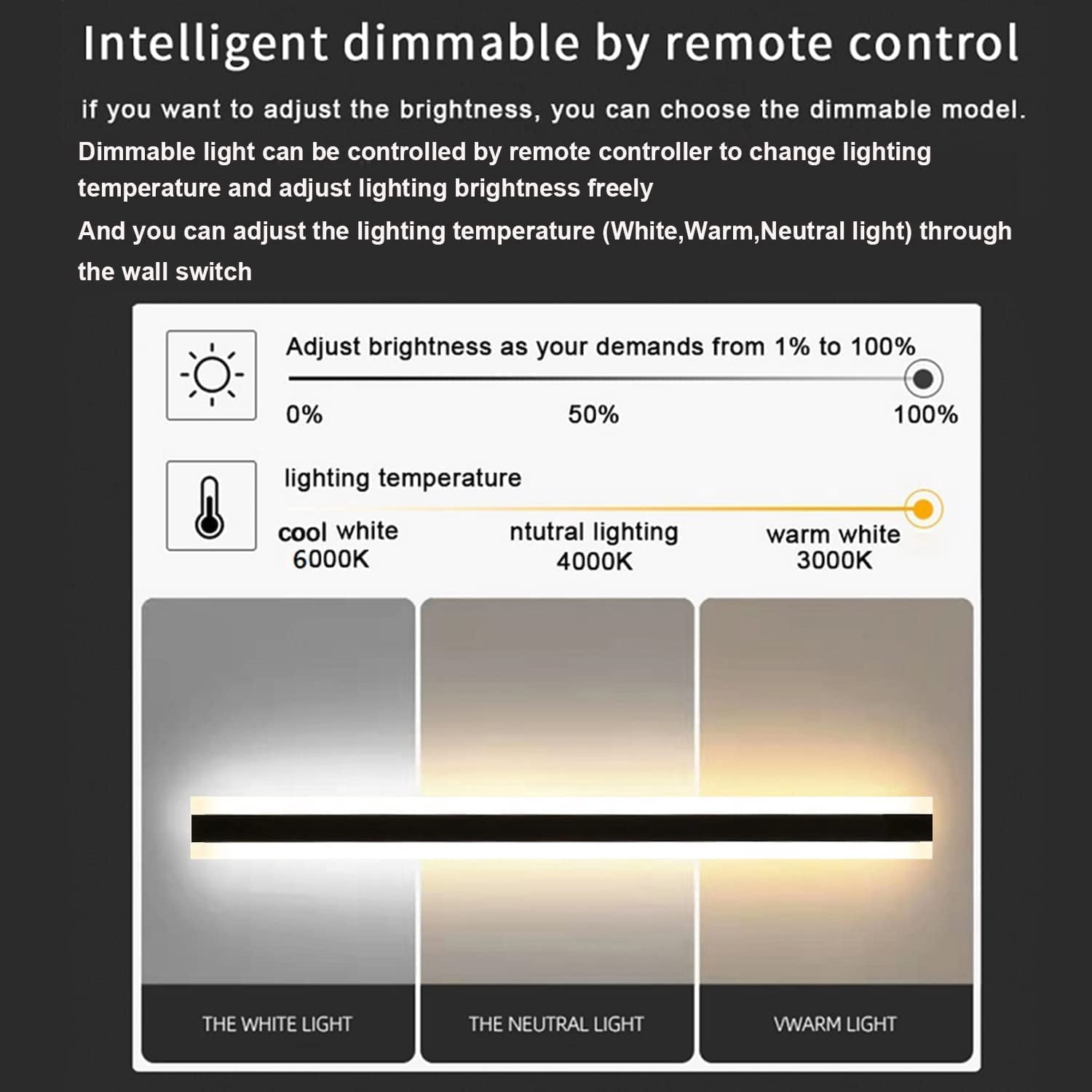 Outdoor Wall Sconce LED Modern Wall Lights Fixture Long Strip Black Sconces Wall Lighting White Acrylic Wall Light IP67 Suitable for Living Room Porch Patio Garage (Dimmable(3000-6000k), 59 INCH)