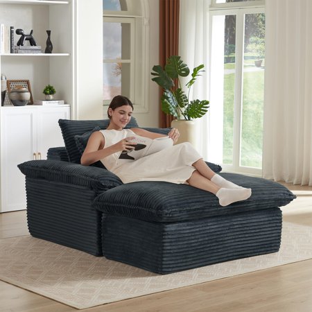 Lovableguy Chenille Oversized Chaise Lounge Chair Indoor with Ottoman,Corduroy Deep Seat Lounge Sofa Chair,Comfy Reading Chair for Living Room,Bedroom,Black