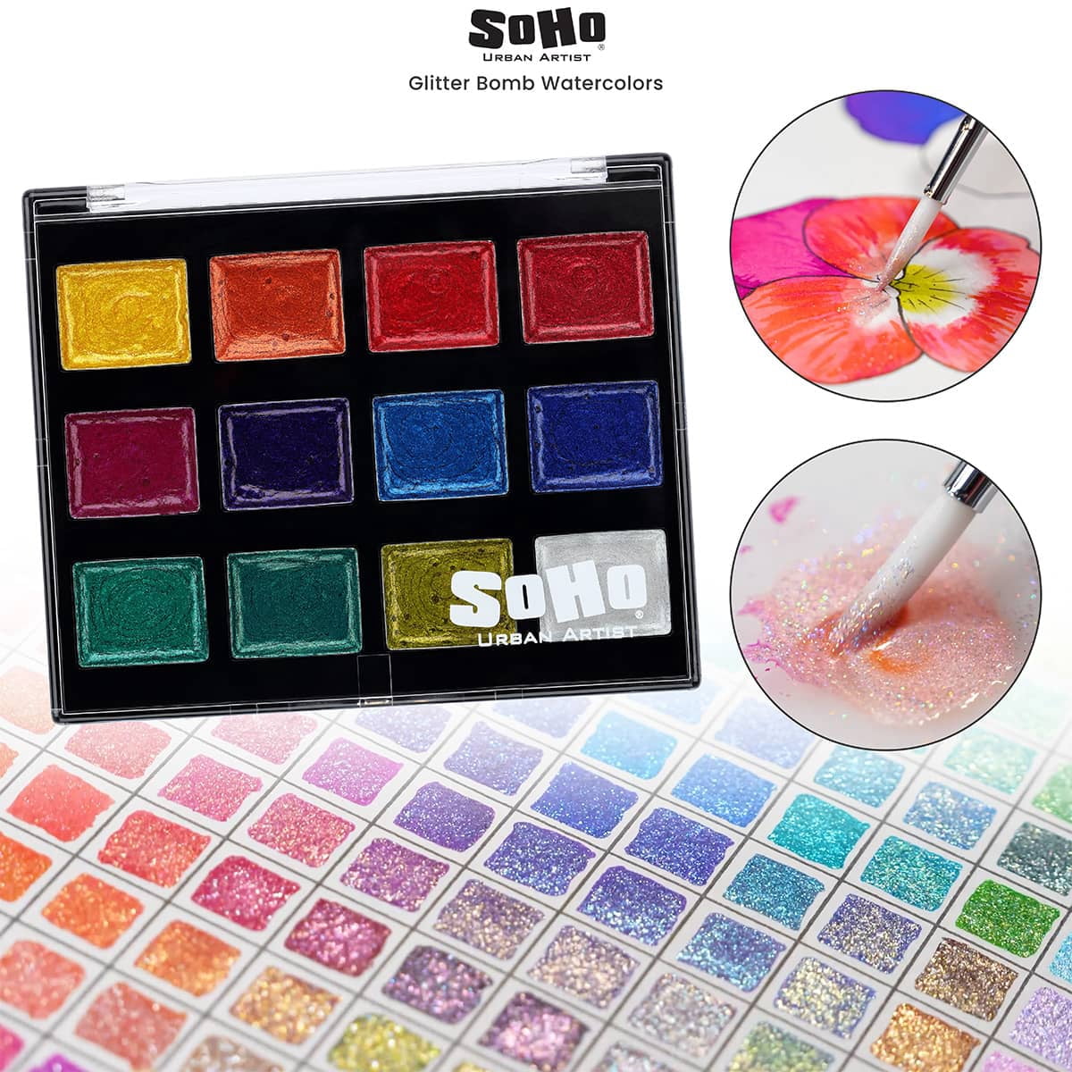 SoHo Urban Artist Glitter Bomb Watercolor Paints - 12 Glitter Watercolor Paint Colors, Semi-Moist, Ultra-Sparkly for Shimmering Mixed-Media Art & Journaling