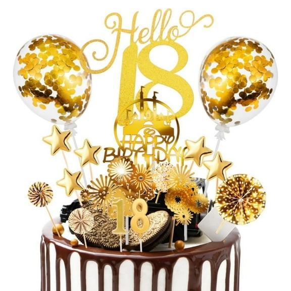 17 Pcs Cake Topper Decoration Set, Boriyuan 18th Birthday Cake Decoration, Cake Toppers Birthday Party Supplies with Birthday Candles, Stars, Confetti Balloons and Paper Fans (Gold)