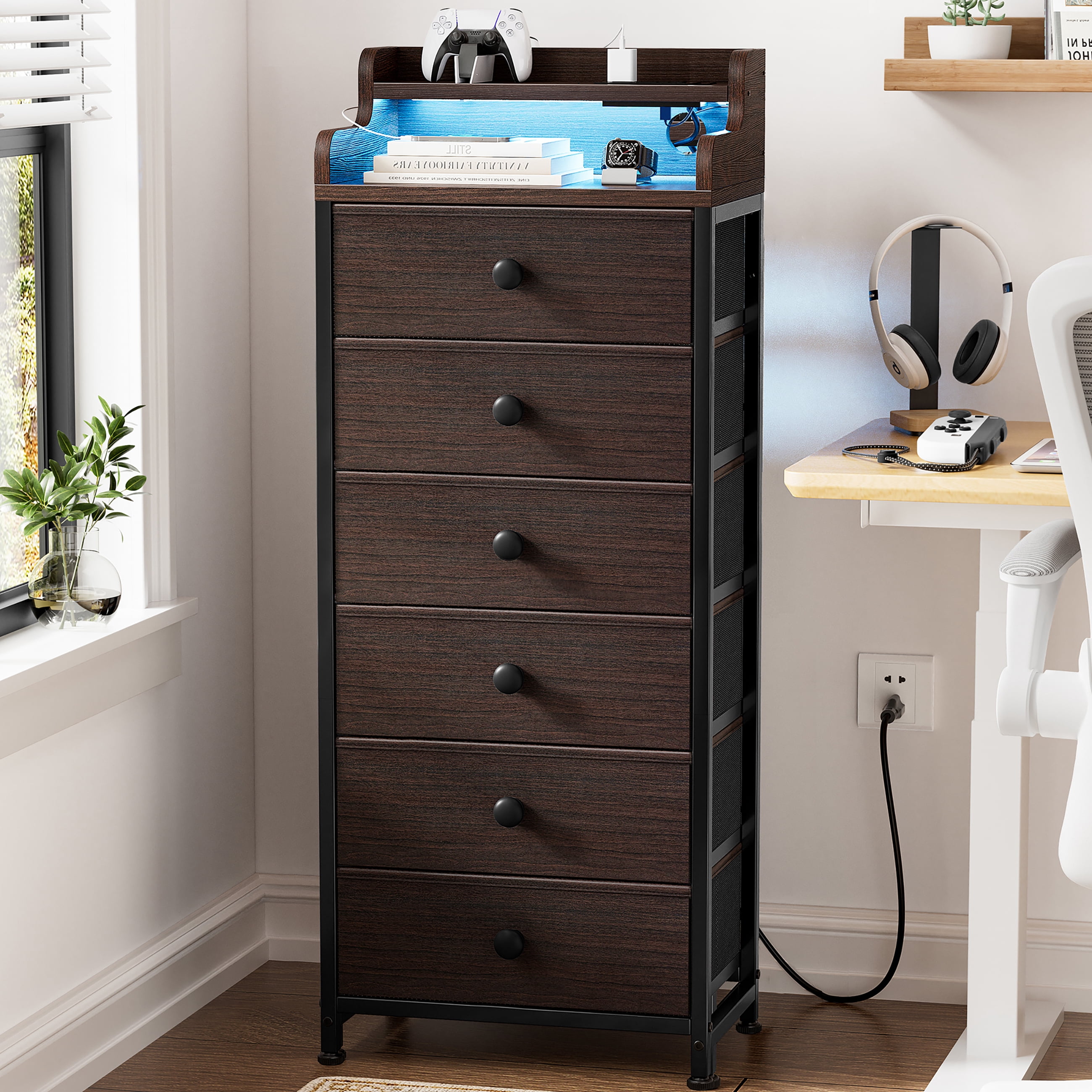 GUNAITO Led Dresser for Bedroom 6 Drawers Tall Fabric Closet Chests of Drawers,Brown