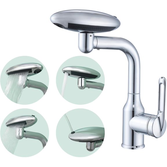 Bathroom Sink Faucet 1 Hole, Chrome Multifunctional Basin Faucet with 4 Water Outlet Modes, Modern 360°Rotatable Bar Tap with Two Water Supply Pipes