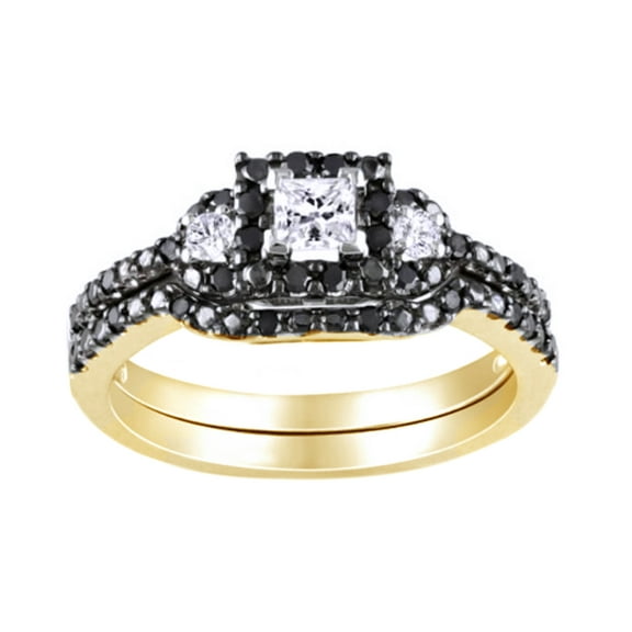AFFY Black & White Natural Diamond Frame Bridal Set Ring In 10k Yellow Gold (0.5 Cttw)