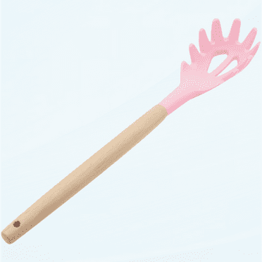 Silicone Pasta Fork, Food Grade Noodle Spoon with Natural Wooden Handle, BPA Free, Spaghetti Strainer & Server Spoon (12 inch, Pink)