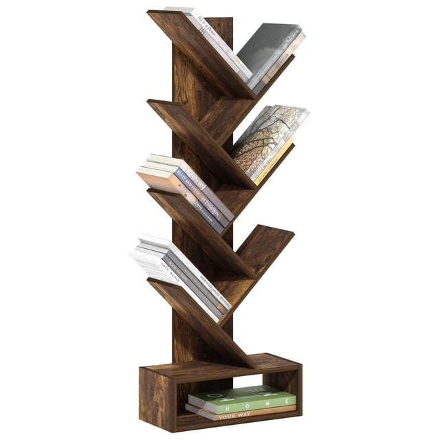 HOWEN Tree Book Shelf, 7-Tier Bookshelf, Tree Bookcase with Bottom Shelf, 8.4 x 16.9 x 46.2, for Living Room, Bedroom, Home Office, Amber Pine