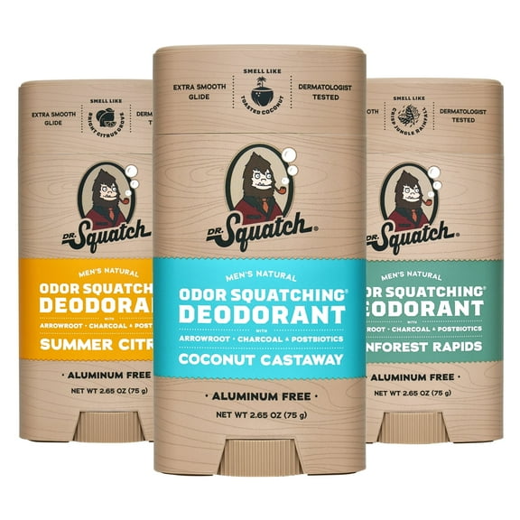 Dr. Squatch Natural Deodorant for Men - Odor-Squatching Aluminum Free - Summer Citrus, Coconut Castaway & Rainforest Rapids (2.65 oz, 3-Pack)