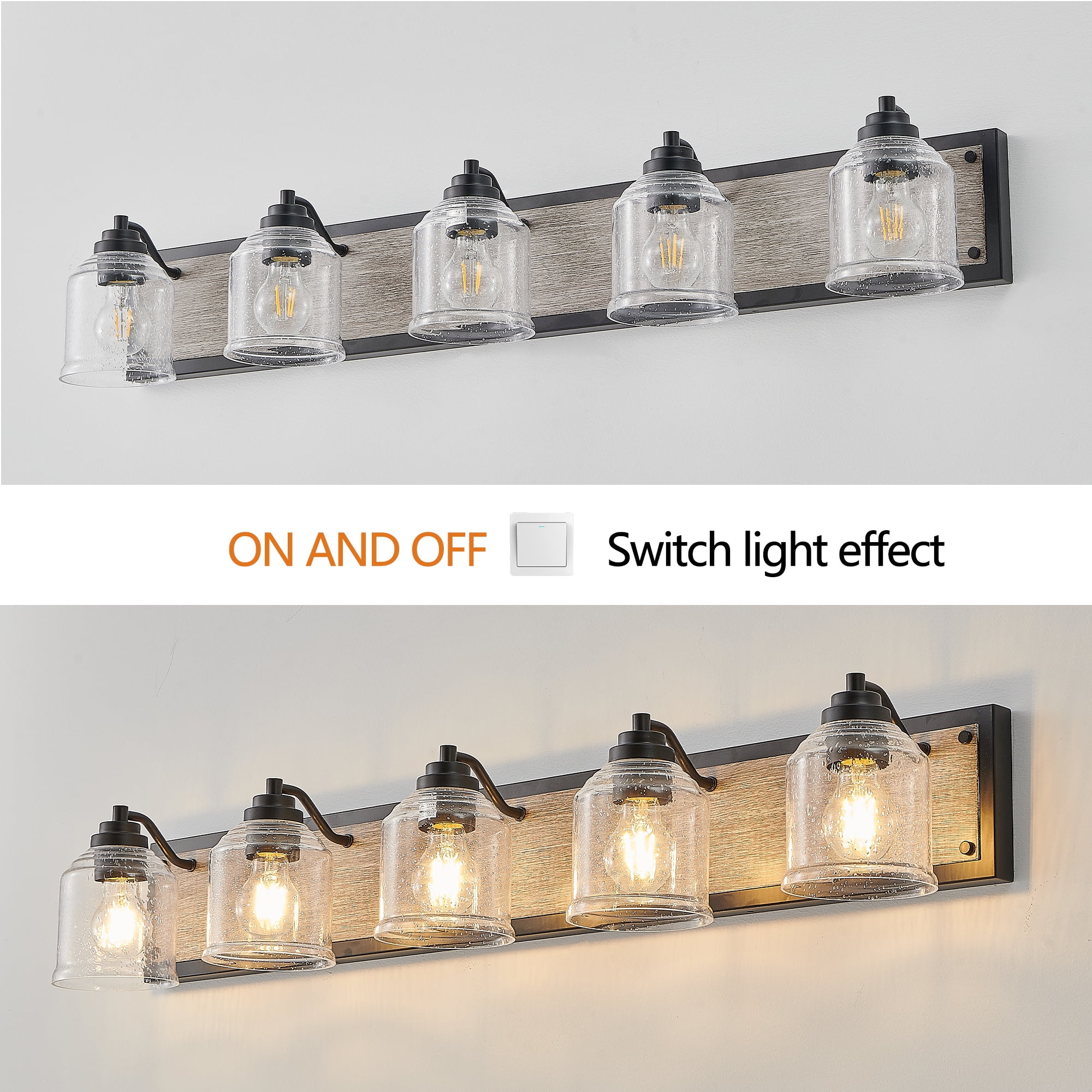 5-Light Farmhouse Bathroom Vanity Light, 40 Inch Rustic Wall Sconce with Wood Finish and Bubble Glass Shades