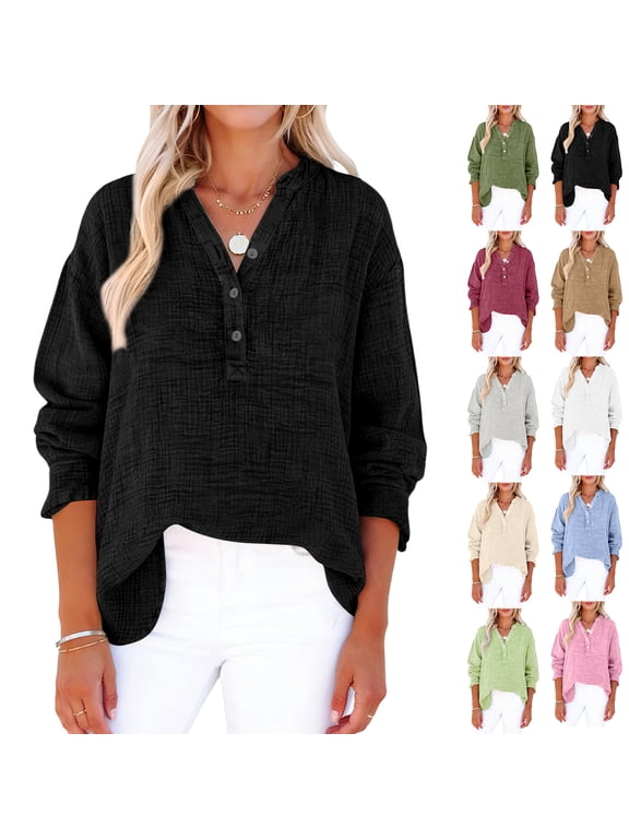 Womens Casual Gauze Button Neck Long Sleeve Oversized Blouses Tops, Gauze Shirts for Women, Gauze Tops and Blouses,3XL,#03 Black