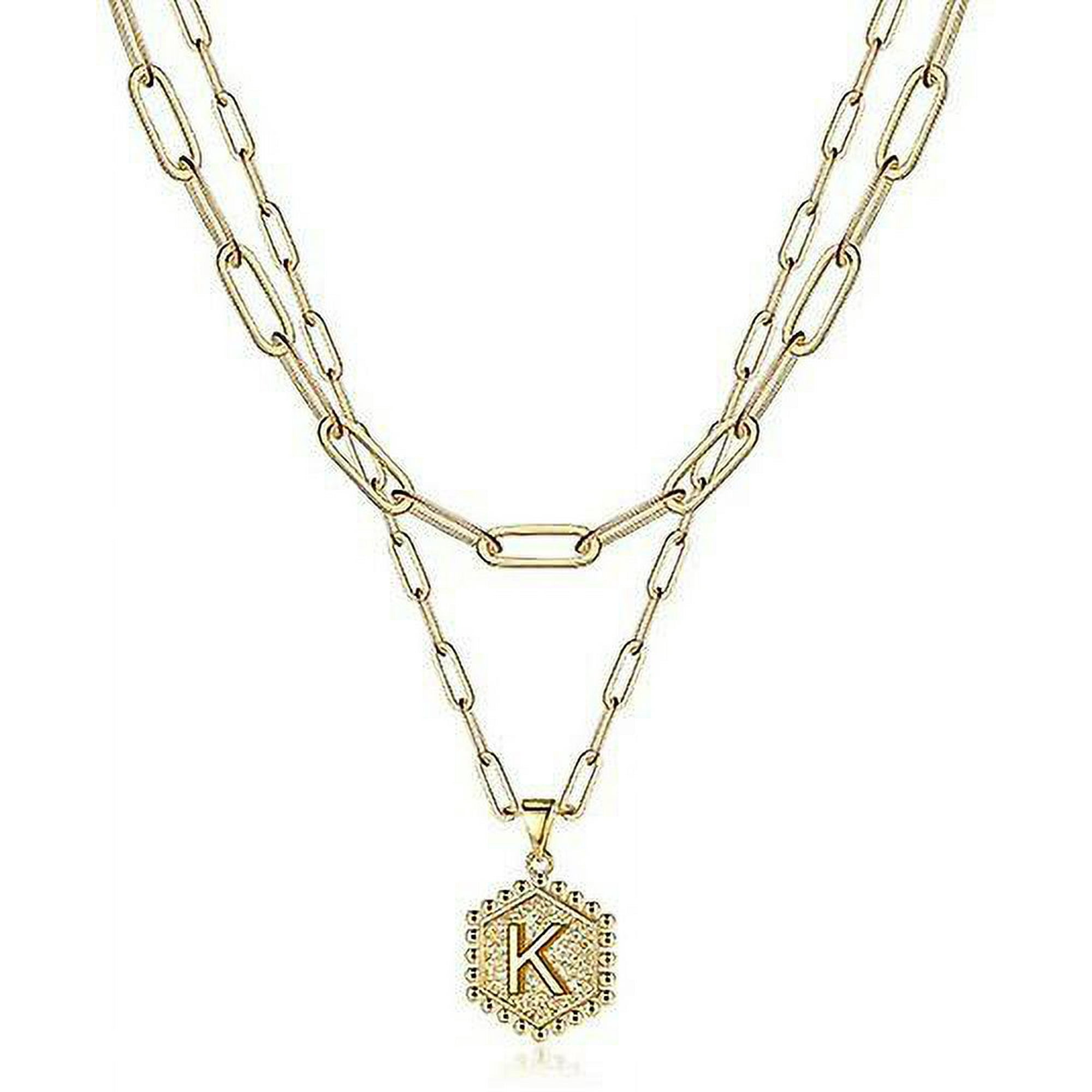 Women s Layered Initial Necklace 14k Gold Plated Paperclip Chain Necklace Simple Cute Hex Alphabet Pendant Initial Necklace k Walmart