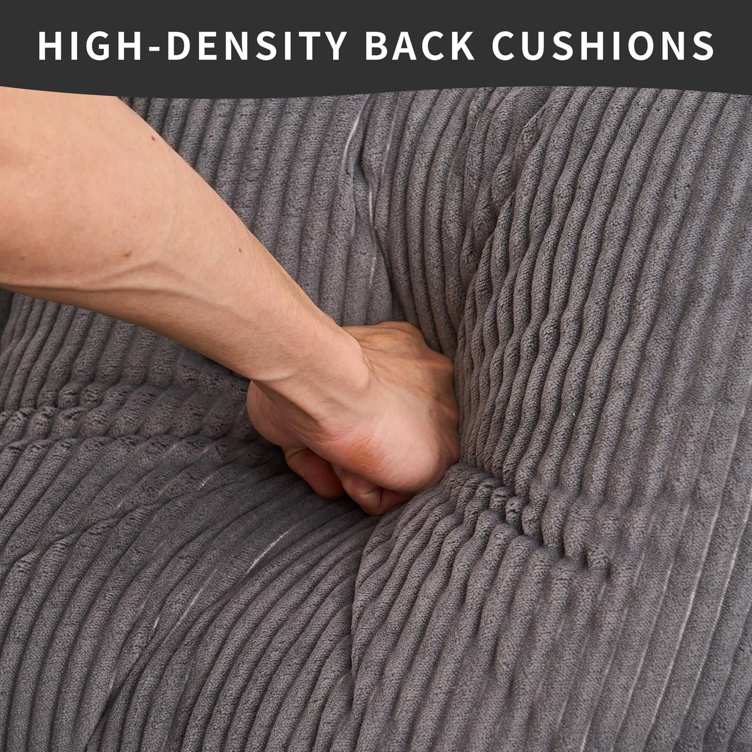 Demi Bonn 101" Corduroy Compression Sofa with Chaise Lounge, 3-Seater Couch with Full Sponge Cushion & 4 Pillows, Ideal for Living Room, Dark Gray