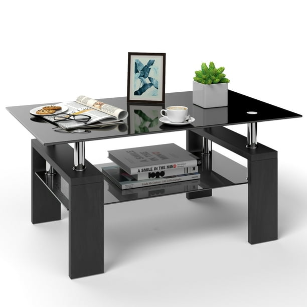 Costway Rectangle Glass Coffee Table Wood Legs End Table Livingroom