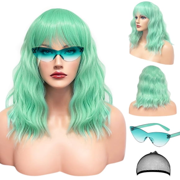 LOHO WONDERZ Juego de peluca ondulada y gafas de sol – Peluca ondulada de 15 pulgadas con flequillo – Pelucas rizadas hasta los hombros resistentes al calor para mujer – Disfraz de despedida de solter