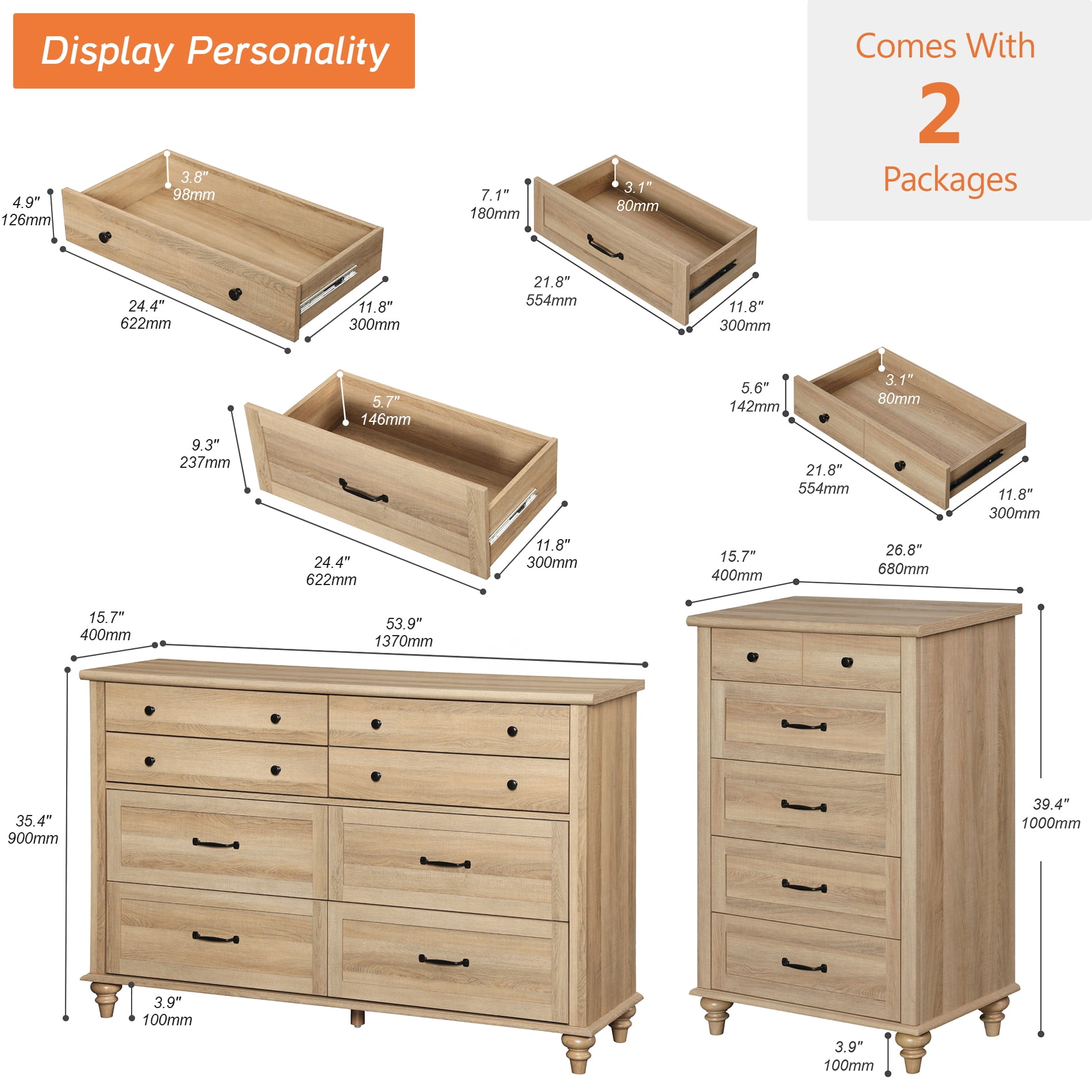 2 Piece Dresser Set, 8 Drawer Dresser & 5 Drawer Dresser, Wooden Storage Organizer for Bedroom Living Room, Oak