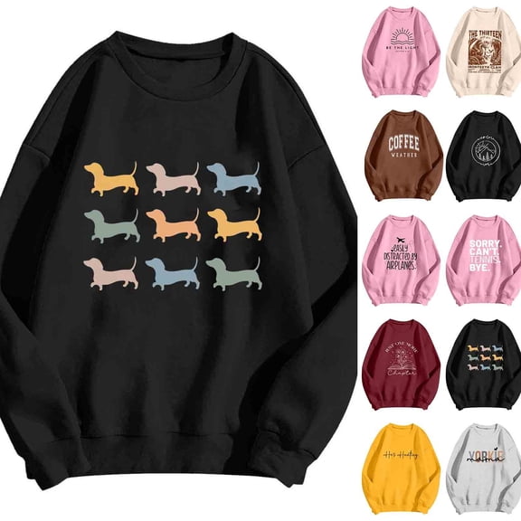 Women Dachshund Dog Crewneck Sweatshirt with Long Sleeves and Ribbed Casual Animal Lover Pullover Top L