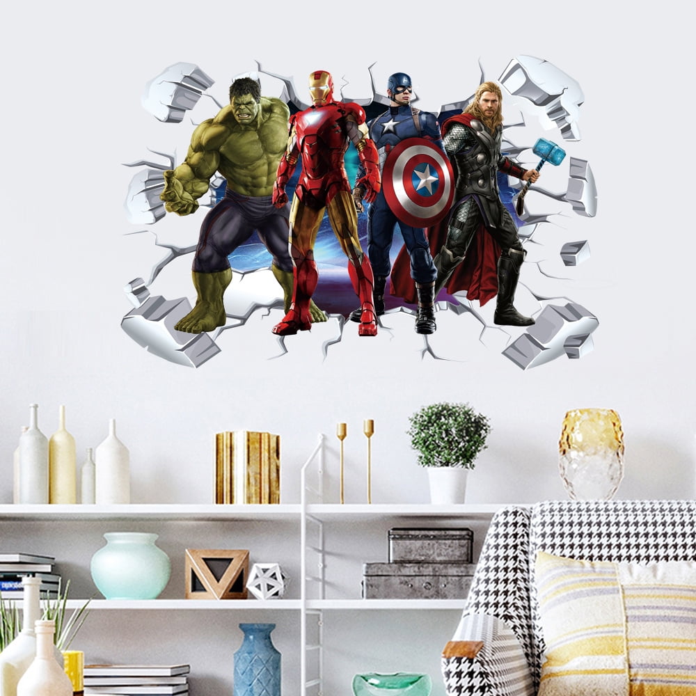 Superheroes Breaking Through Wall Sticker Children Boys Wall Decals