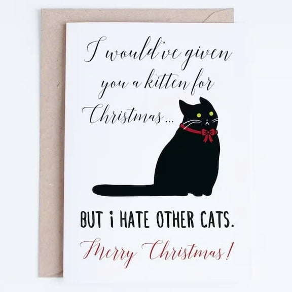 Christmas Card with Funny Black Cat Design – "I Would've Given You a Kitten for Christmas… But I Hate Other Cats!" – Blank Inside, Includes Envelope