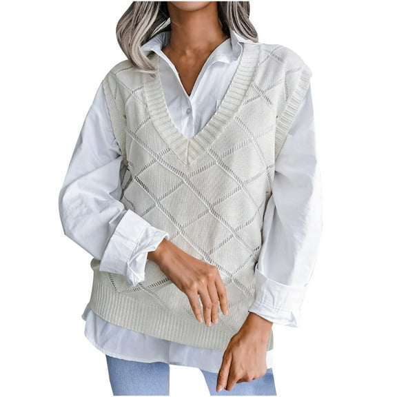 IROINNID Womens Sweater Sweater Vest V-Neck Pullover Sweater Stripes Leisure Short Length Sleeveless Hollow Knitted Vest Sweater Vest