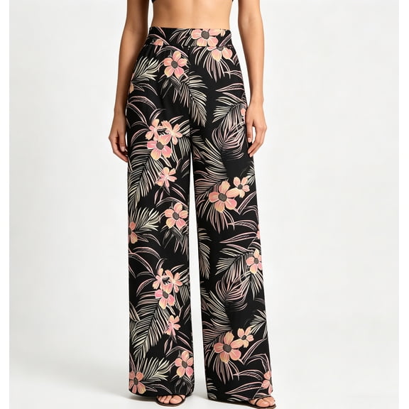Bgstyu Women's Boho Palazzo Pants Wide Leg Beach Vacation Hawaii Pants Loose High Waisted Lounge Pants with Pockets