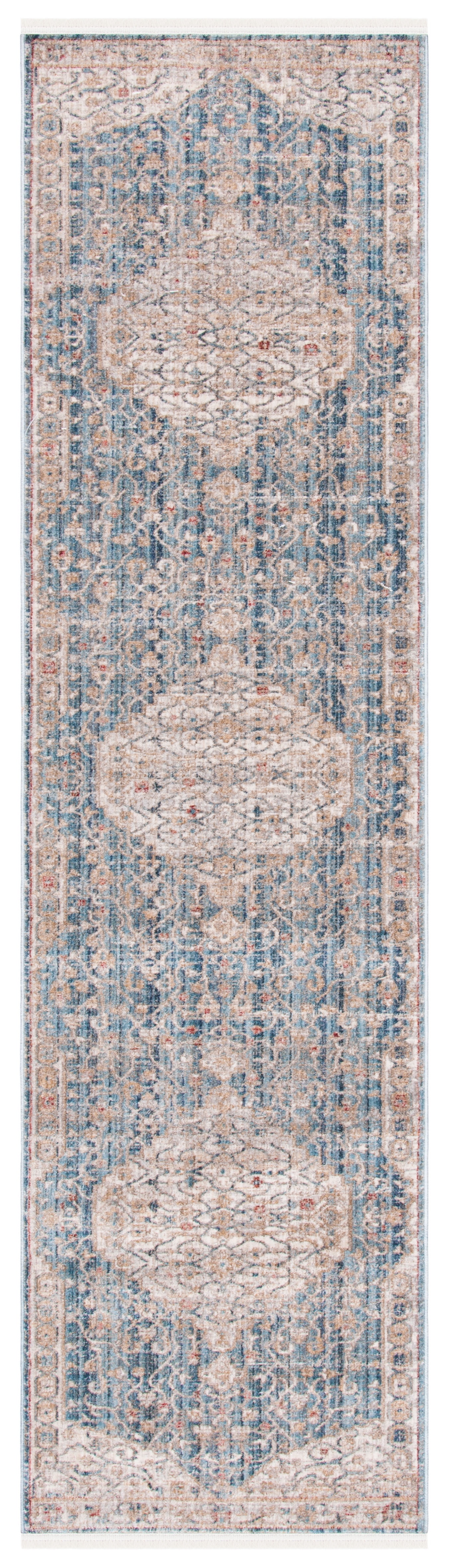 SAFAVIEH Kenitra Jermaine Floral Bordered Polyester Runner Rug, Blue/Ivory, 2'2" x 8'