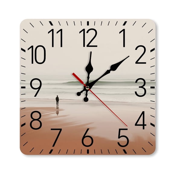 RKSupls 10×10inch Square Silent Wall Clock Wooden Frame, Lonely Beach Walker Scale Decorative Clock for Home Bedroom Living Room Office