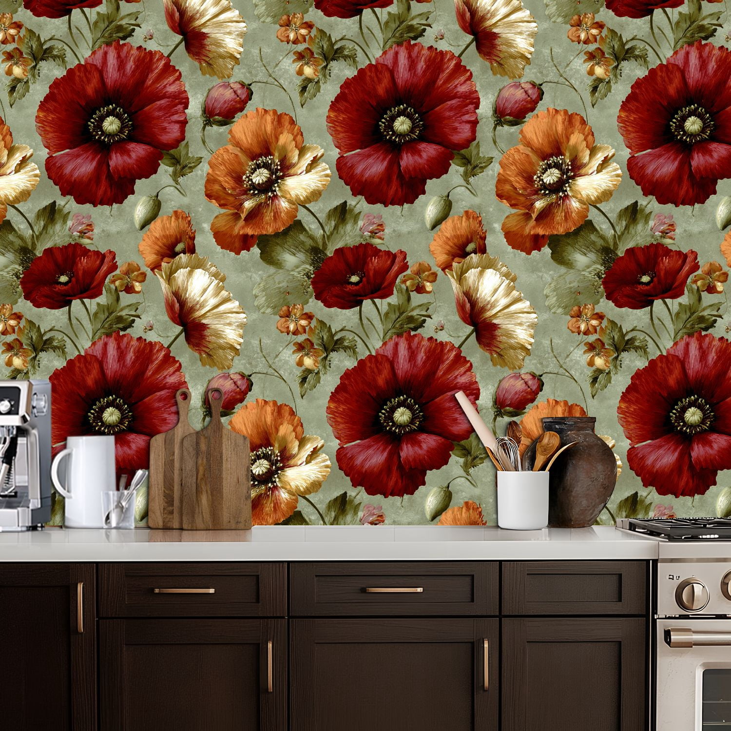 Vintage Peel and Stick Wallpaper Vintage Botanical Print Red Orange Cream Poppies Bloom Wall Mural 17.7in x 9.8ft Self Adhesive Removable Wall Paper Floral Contact Paper for Nursery Bedroom Cabinets
