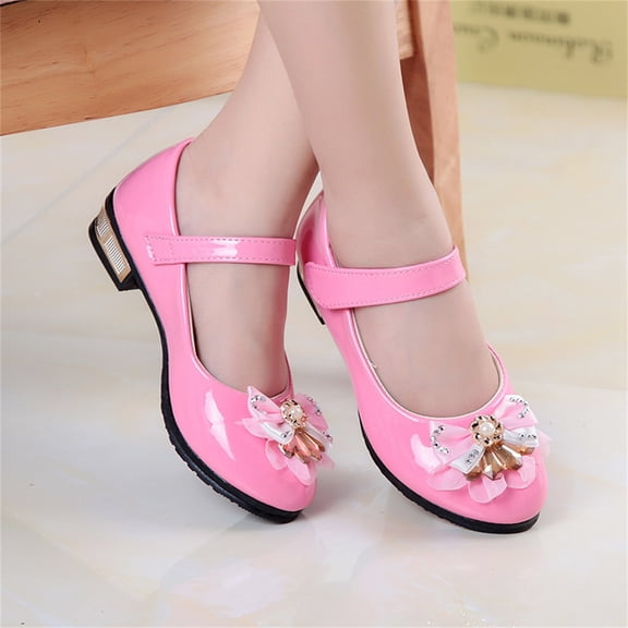 FSYBOA Girls Dress Shoes Size 13(Little Kids), Hook and Loop Strap Fashion Low Heel Closed Toe Kids Princess Shoes Pink