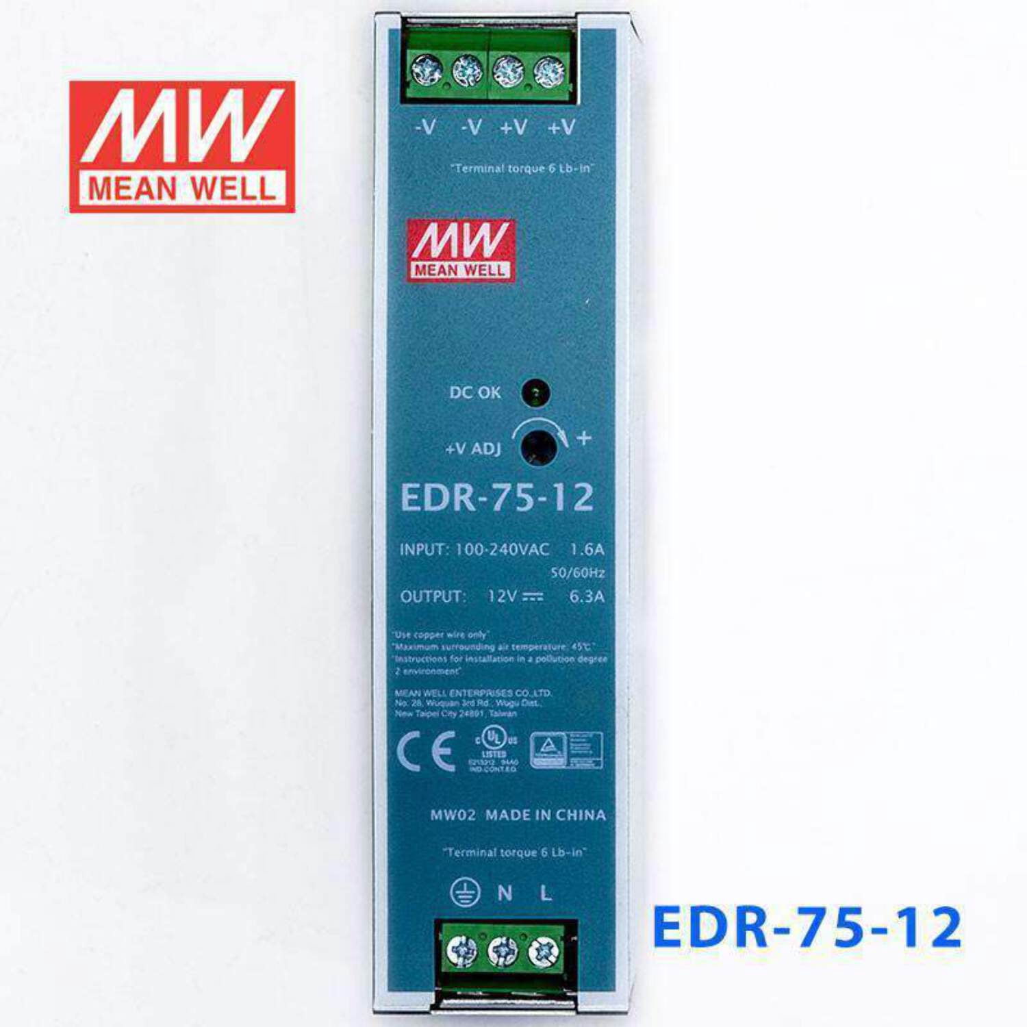 Mean Well EDR-75-12 Single Output Industrial Power Supply 75W 12V - DIN Rail