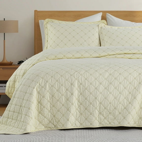 PANGUSHAN 100% Cotton Quilt King Size, King Quilt Bedding Set Embroidery Quilted Bedspreads, Lightweight Comforter for King Bed, All Season, Cream, 3 Pieces