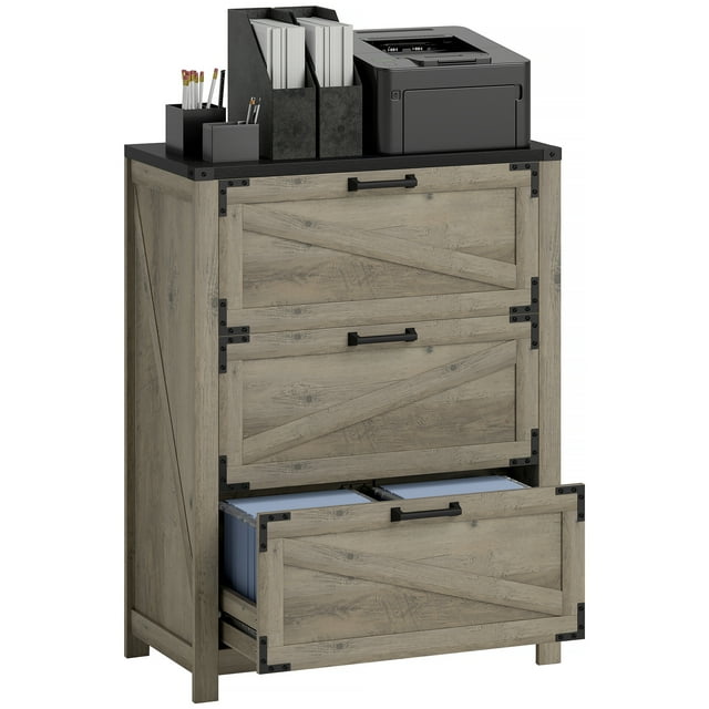 HOMCOM 3 Drawer File Cabinet Lateral Filing Cabinet for Home Office, Grey