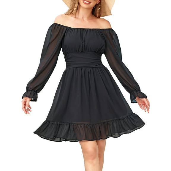 I2CRAZY Square Neck Smocked Elastic Waist Tie Back Mini Dress-L,Black