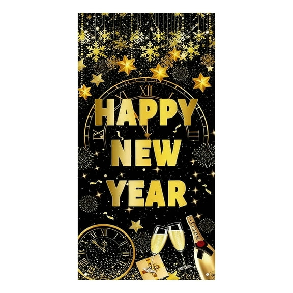 New Year Door Cover Banner 2025 - Xmas Eve Decorations Black Gold Hanging Backdrop Sign Prop for Holiday Indoor Outdoor Party Supplies (D)