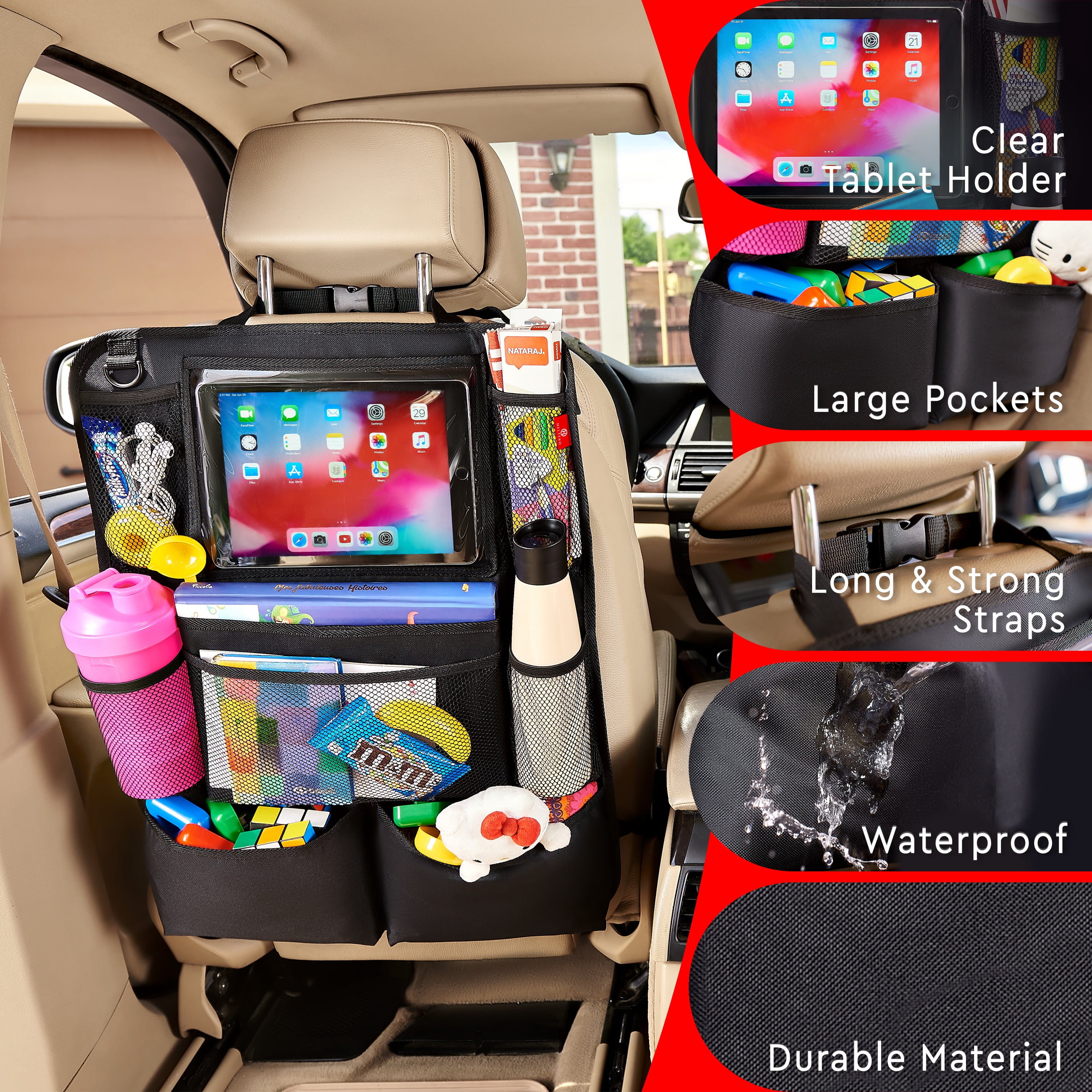 Helteko Backseat Car Organizer with 9 Storage Pockets, Polyester, 25 in x 19 in, 2 Pack, Deep Pink