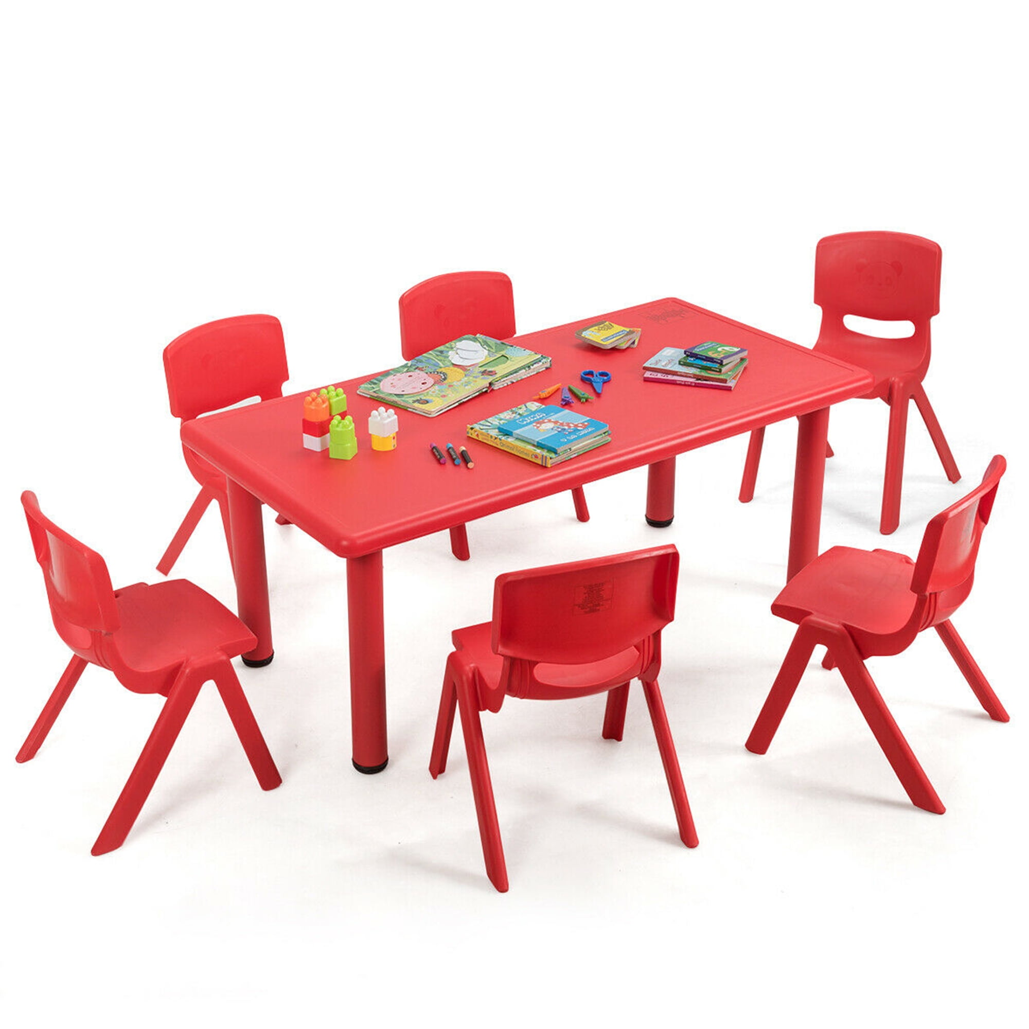 Gymax Kids Plastic Table and Stackable Chairs Set Indoor Outdoor Classroom Home Red
