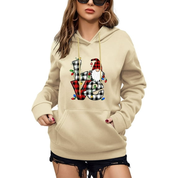 Anbech Valentine's Day Hoodies for Women Graphic Plaid LOVE Printing Long Sleeve Sweatshirt with Pocket