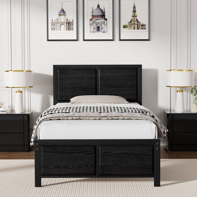 VECELO Twin Size Metal Platform Bed Frame with Wooden Headboard and Footboard, Strong Metal Slats Support/No Box Spring Needed, Black