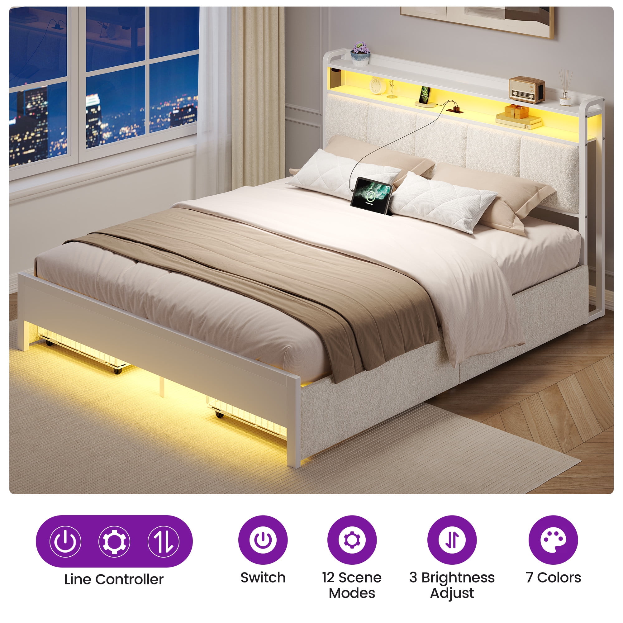 Greenstell Queen Bed with Headboard and Charging Station, Upholstered bed with 4 Drawers and RGB LED Lights,Off White
