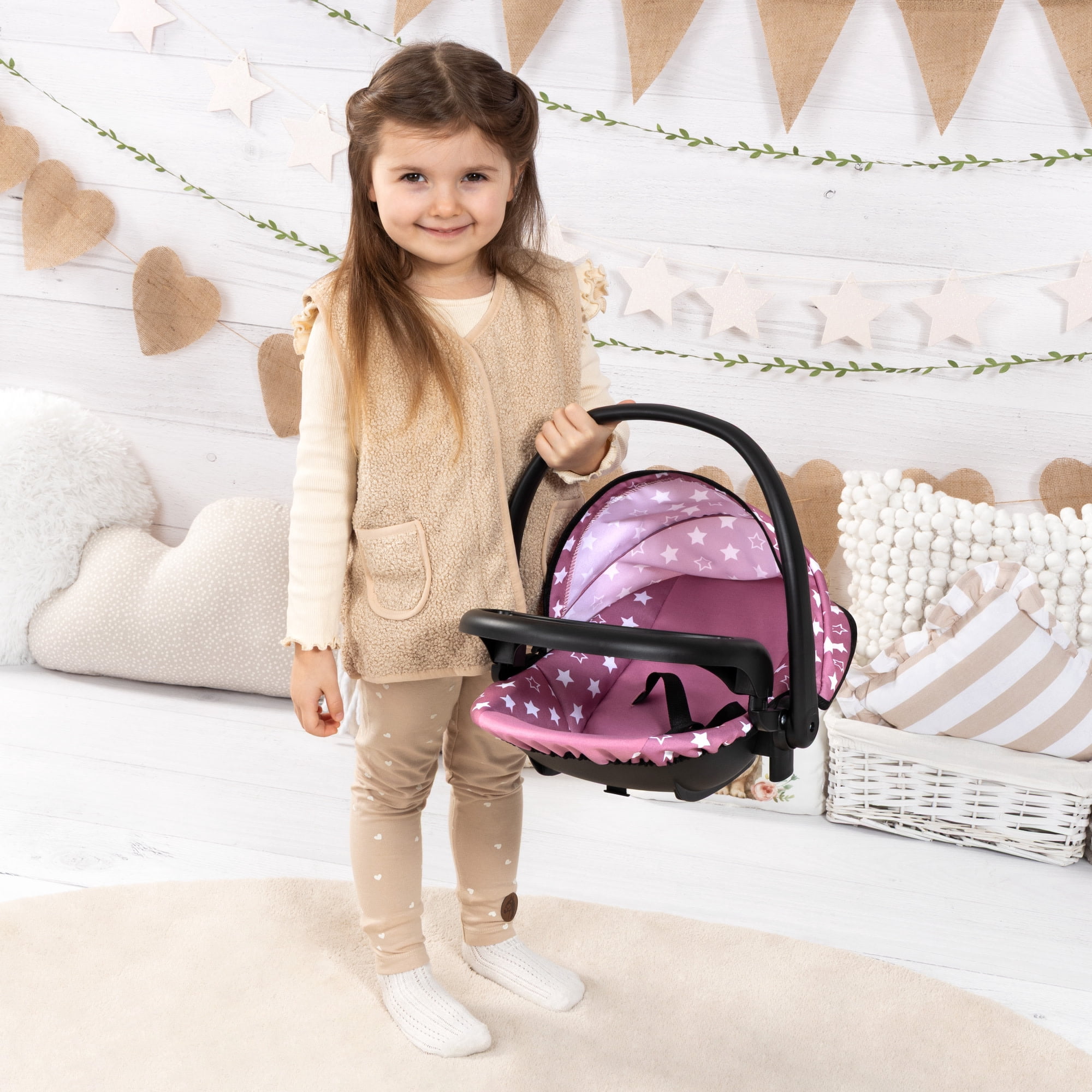 Bayer Design: Doll 4-In-1 Vario - Pink & White Stars - Convertible Toy: Highchair-Swing-Bed-Car Seat, All-In-1 Care Accessory Fits 18" Dolls, Kids 3+