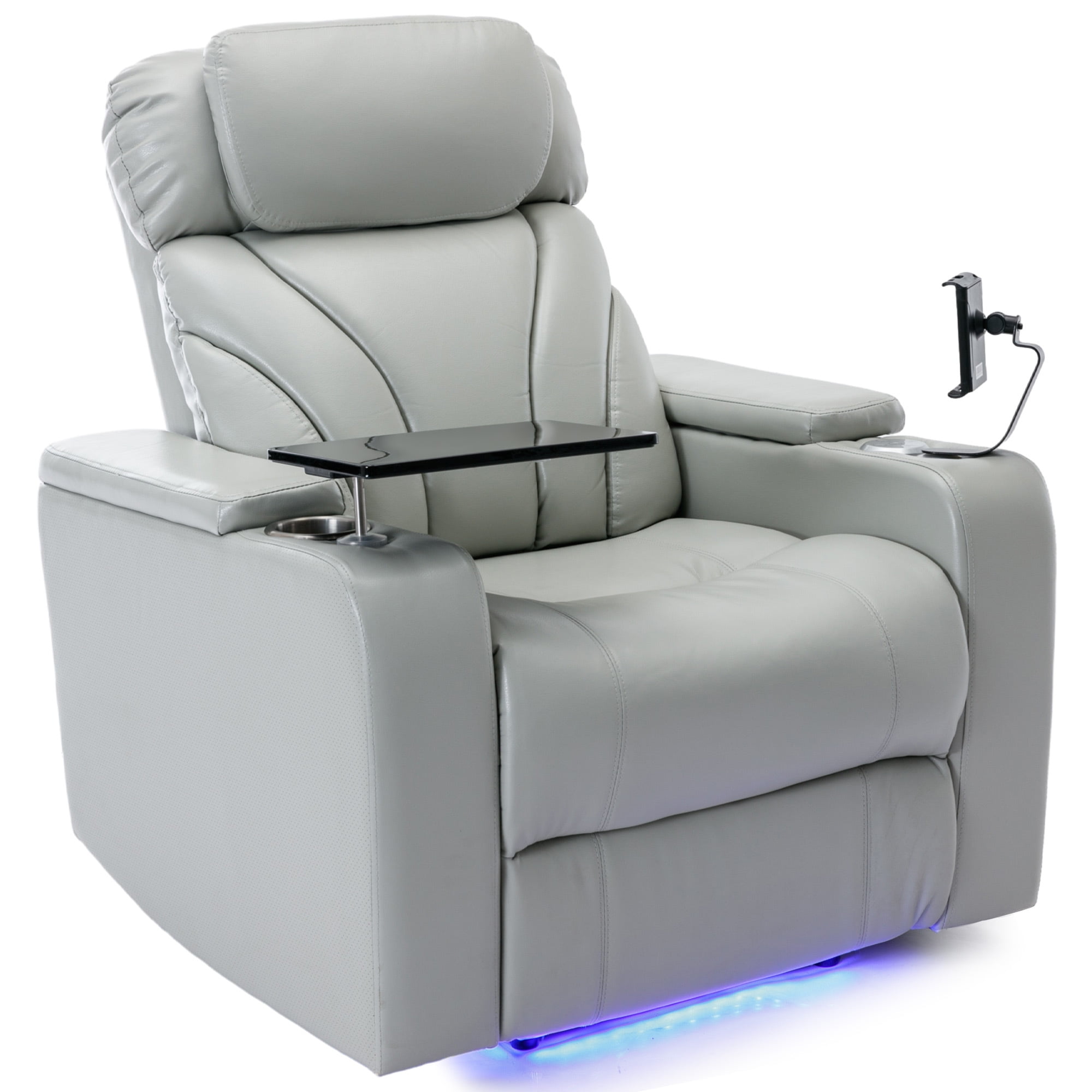 EUROCO 37"W Oversized PU Leather Home Theater Recliner with Stereo and USB Charging Port, Hidden Arm Storage,Convenient Cup Holder for Living Room（Light Grey）