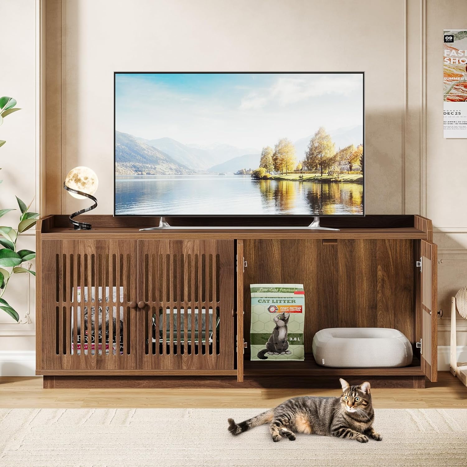 Cat Litter Box Enclosure, 55.1-Inch Extra Large Hidden Litter Box Furniture with 2 Cabinets