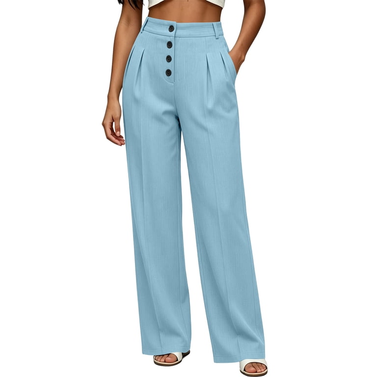 high waisted dress pants with buttons Costeam Womens Wide Leg Multi Button Front Pleated Waist Side Pockets Straight Leg Wrinkle Resistant Smooth Drape Soft NPU-Deejay-202421