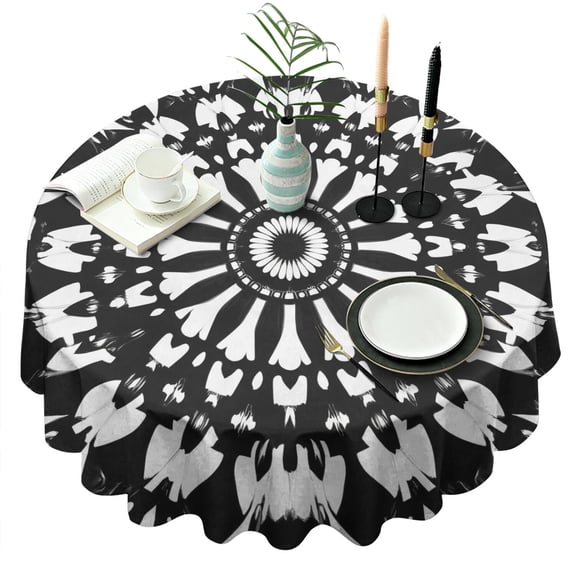 Black White Tie Dye Mandala Pattern Round Tablecloth 60"x60",Wrinkle Wipeable Table Cloth for Kitchen Dining Room Picnic Patio Party