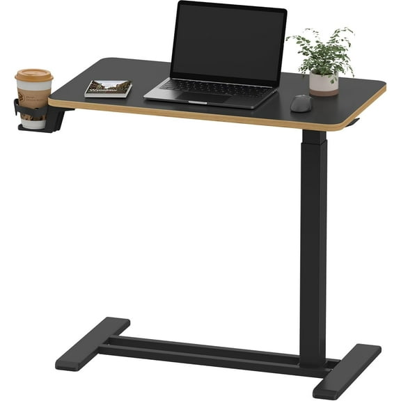 Medical Adjustable Overbed Bedside Table with Hidden Casters, Pneumatic Mobile Laptop Computer Standing Desk Cart with Tray, Hospital and Home Use(27.6" W x 15.7" D, Black)