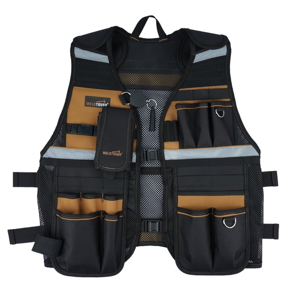 MELOTOUGH Tool Vest for Men Reflective Safety Tool Vest with Adjustable Straps,Removable Phone Holder for Electrical,Carpenters,Construction(Khaki)